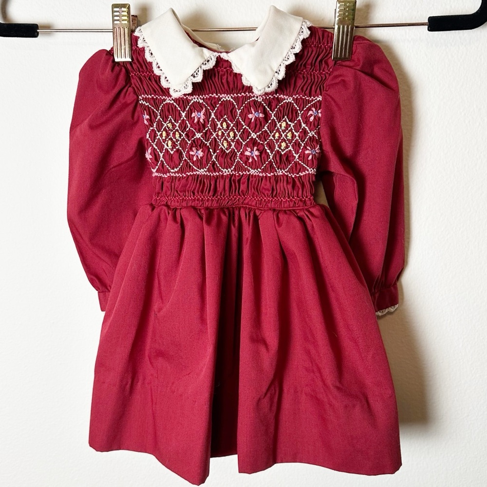 Vintage Floral Embroidered Smocked Dress Red 2T